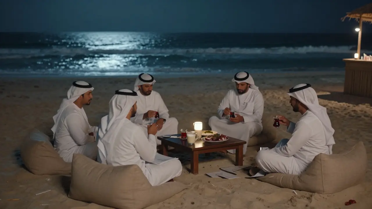A peaceful beach at midnight with people sitting on cushions, waves gently rolling, and soft lantern light reflecting on sand.