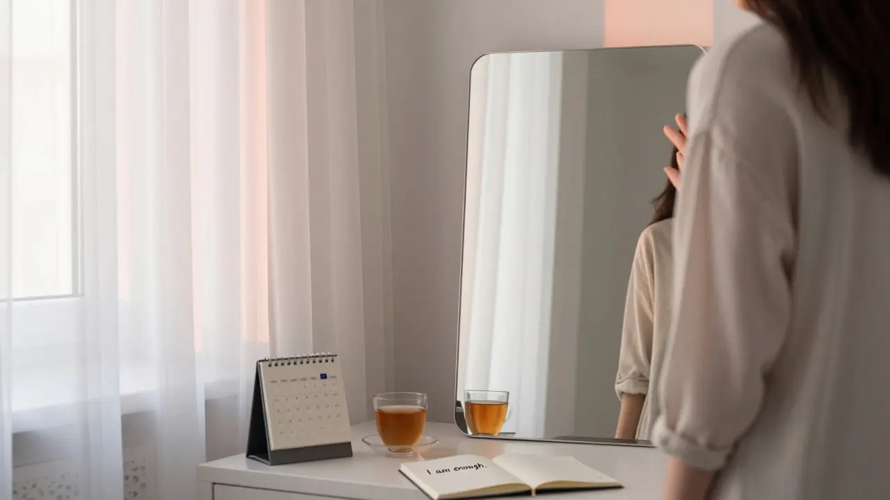 A person standing before a mirror at dawn, sunlight bathing their reflection as a notebook reads 'I am enough.'