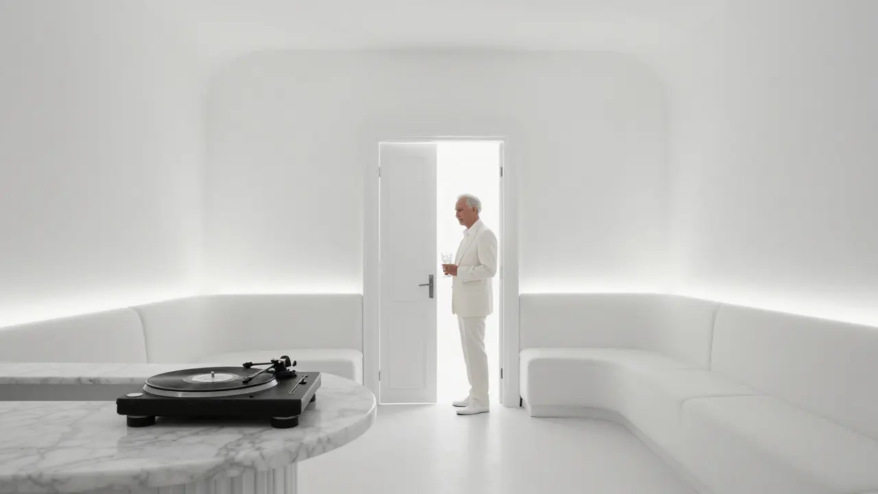 A pristine white art deco ballroom with no decorations, a turntable playing vinyl, and a silent opera singer nodding at the door.