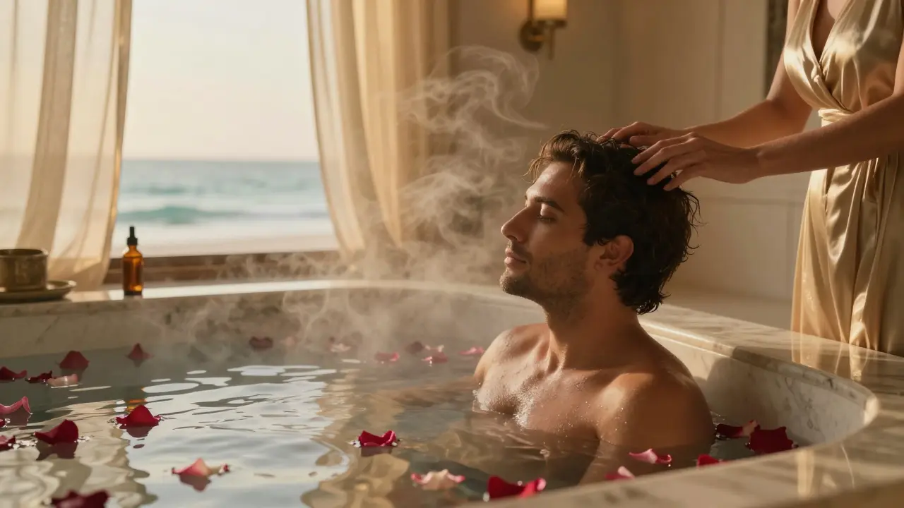 A private bath with rose petals and steam, a gentle hand brushing hair behind an ear, golden light filtering through curtains.