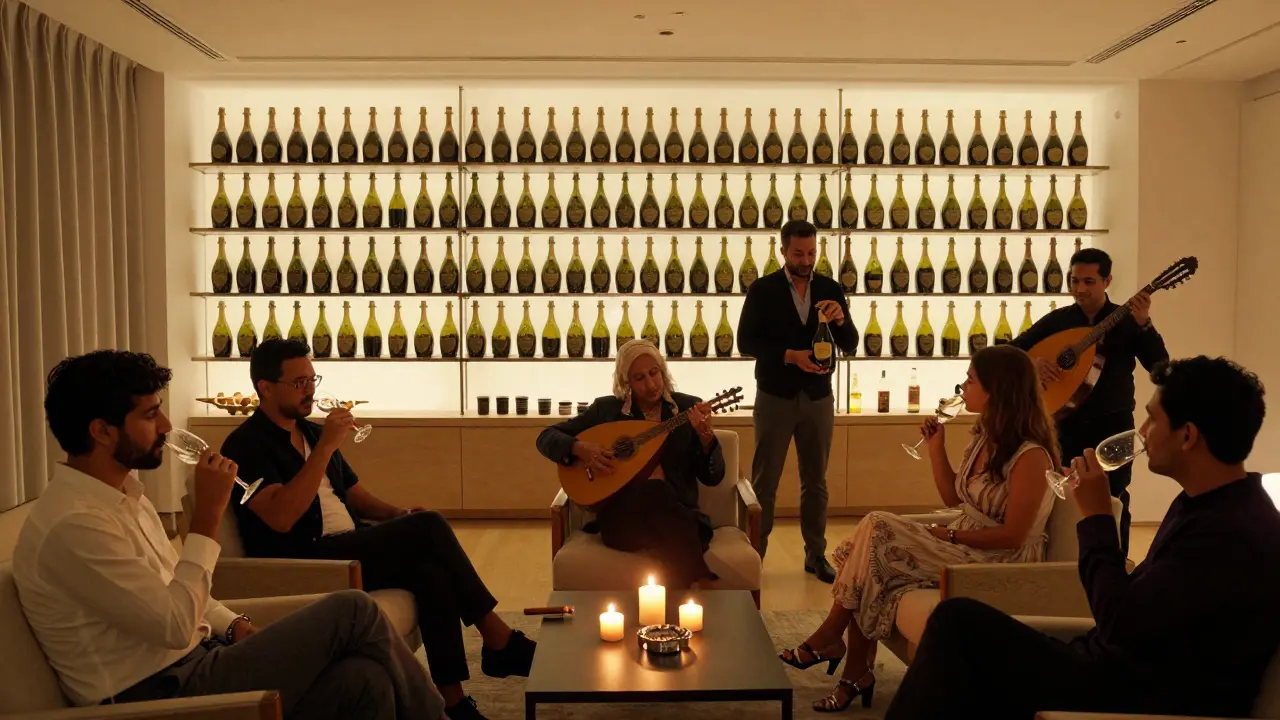 A private champagne suite with vintage bottles, a sommelier, and a classical Oud player in soft candlelight.
