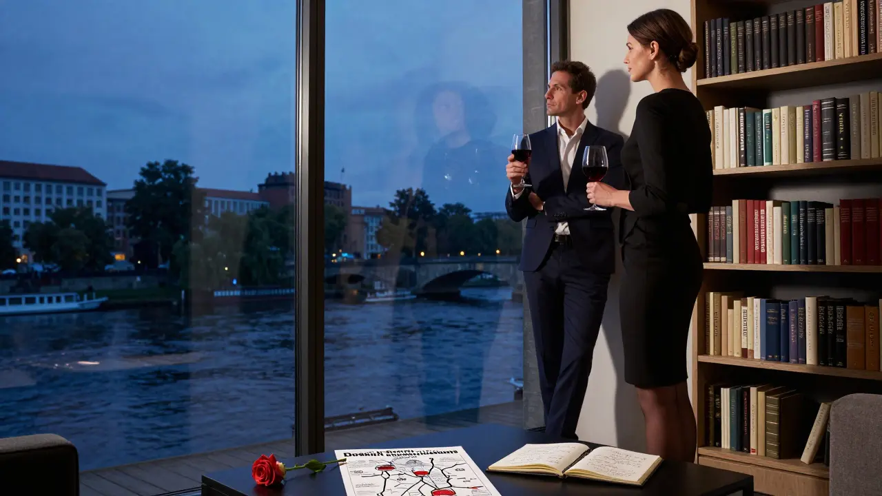 A professional woman in a modern Berlin apartment, standing beside a bookshelf with a view of the river.
