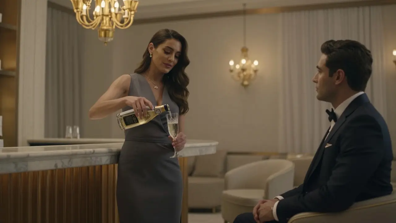 A refined woman pouring champagne in a private Burj Al Arab lounge, surrounded by elegant marble and golden lighting.