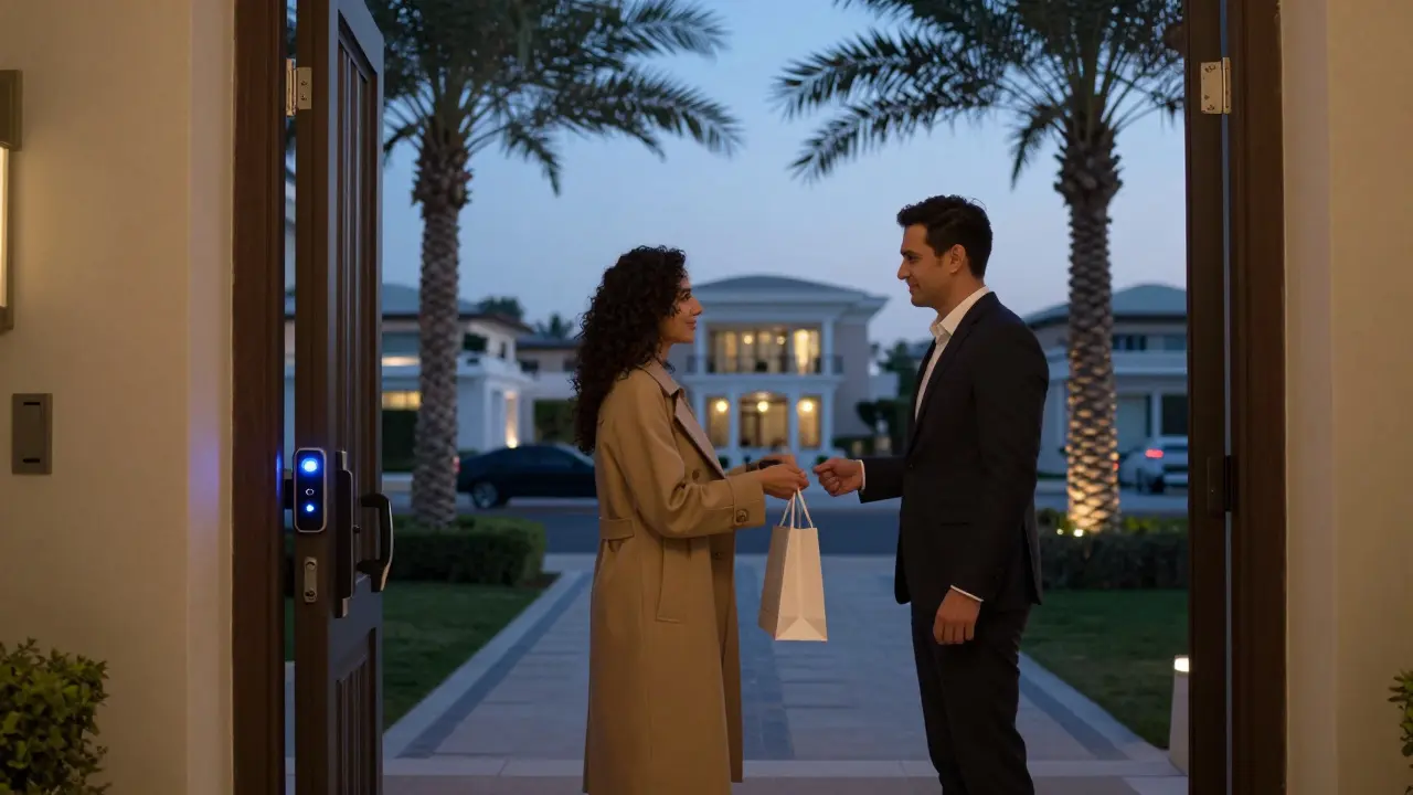 A respectful farewell at a private villa entrance in Palm Jumeirah under twilight skies.