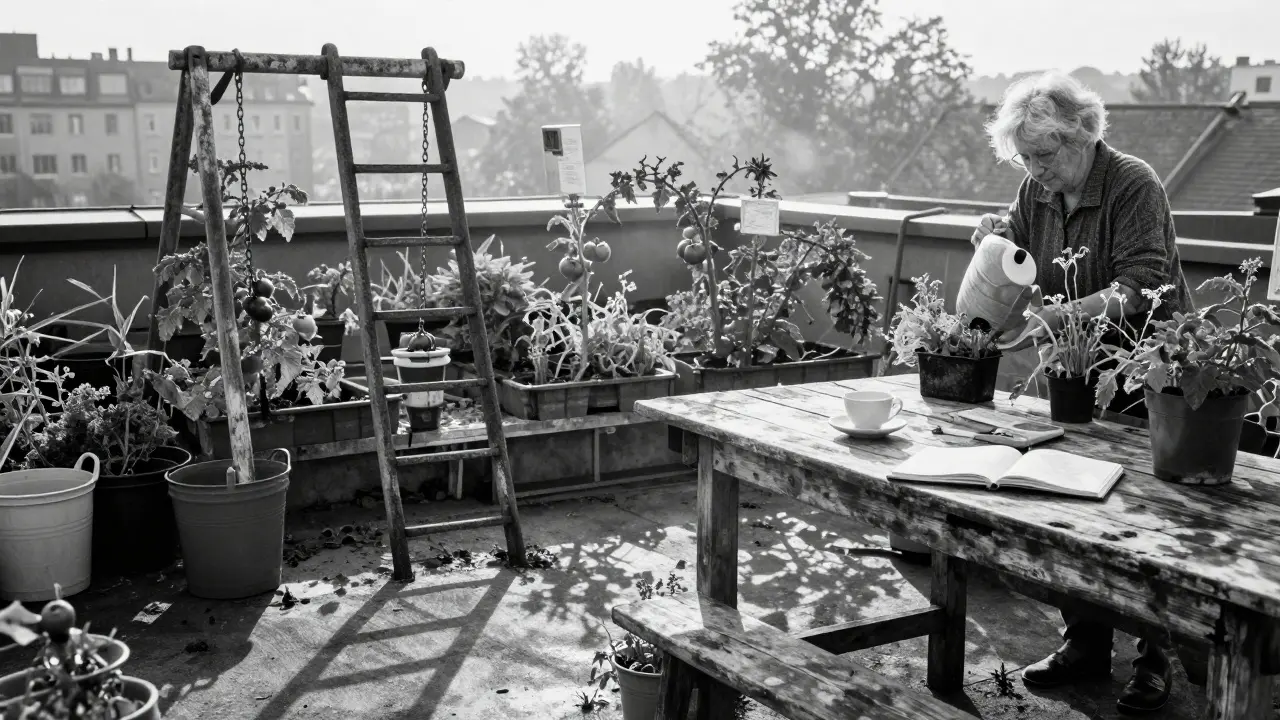 A rusted ladder leading to a rooftop garden with tomato plants, a swing, and rainwater buckets in soft morning light.