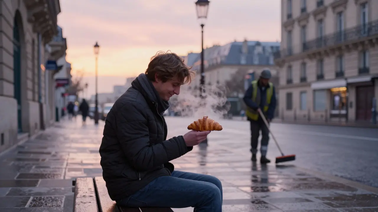 A traveler eats a warm croissant at dawn on a Paris bench, rain-glistened streets and quiet city around them.
