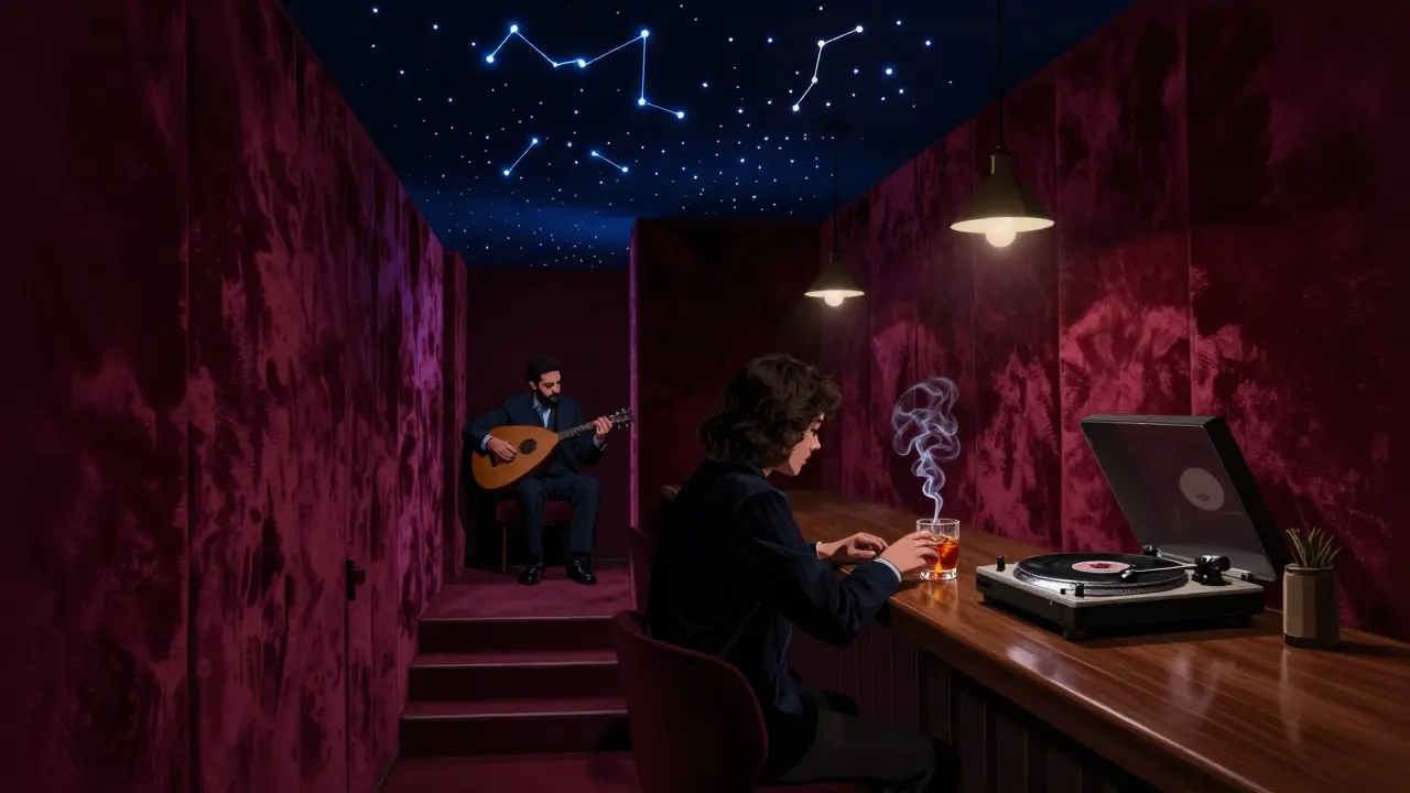 A velvet-lined underground bar with starlit ceiling and a man playing oud in the corner.