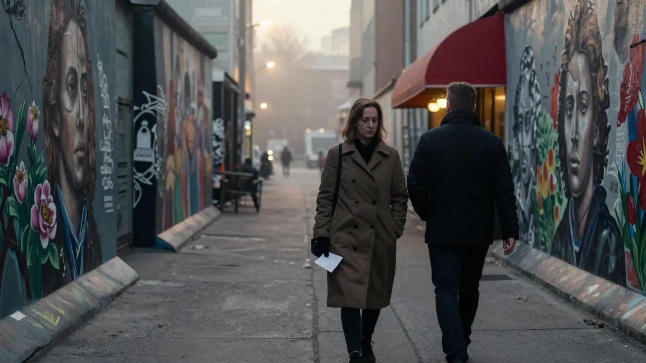 A woman and man walking side by side along the East Side Gallery at dawn.
