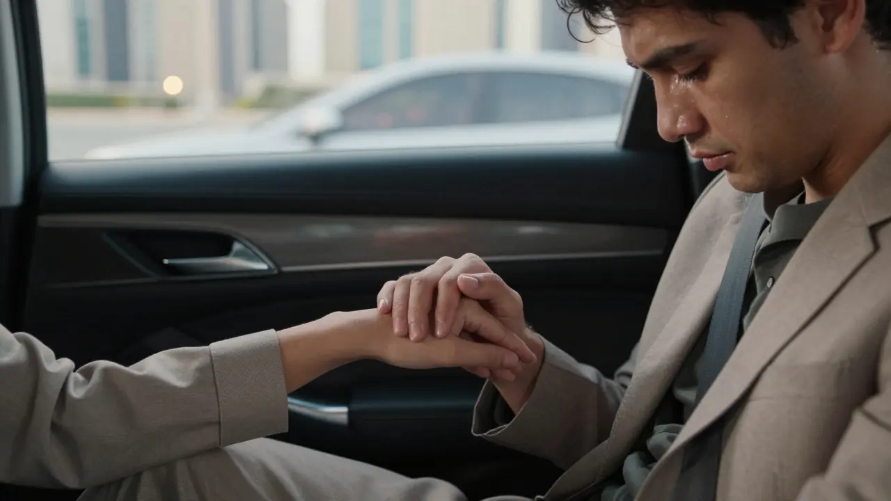 A woman gently holds the hand of a man in a car, tears on his face, as Dubai’s city lights blur outside the window.