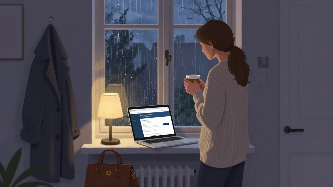 A woman in her apartment at dusk, sipping tea while reviewing a secure booking site on her laptop.