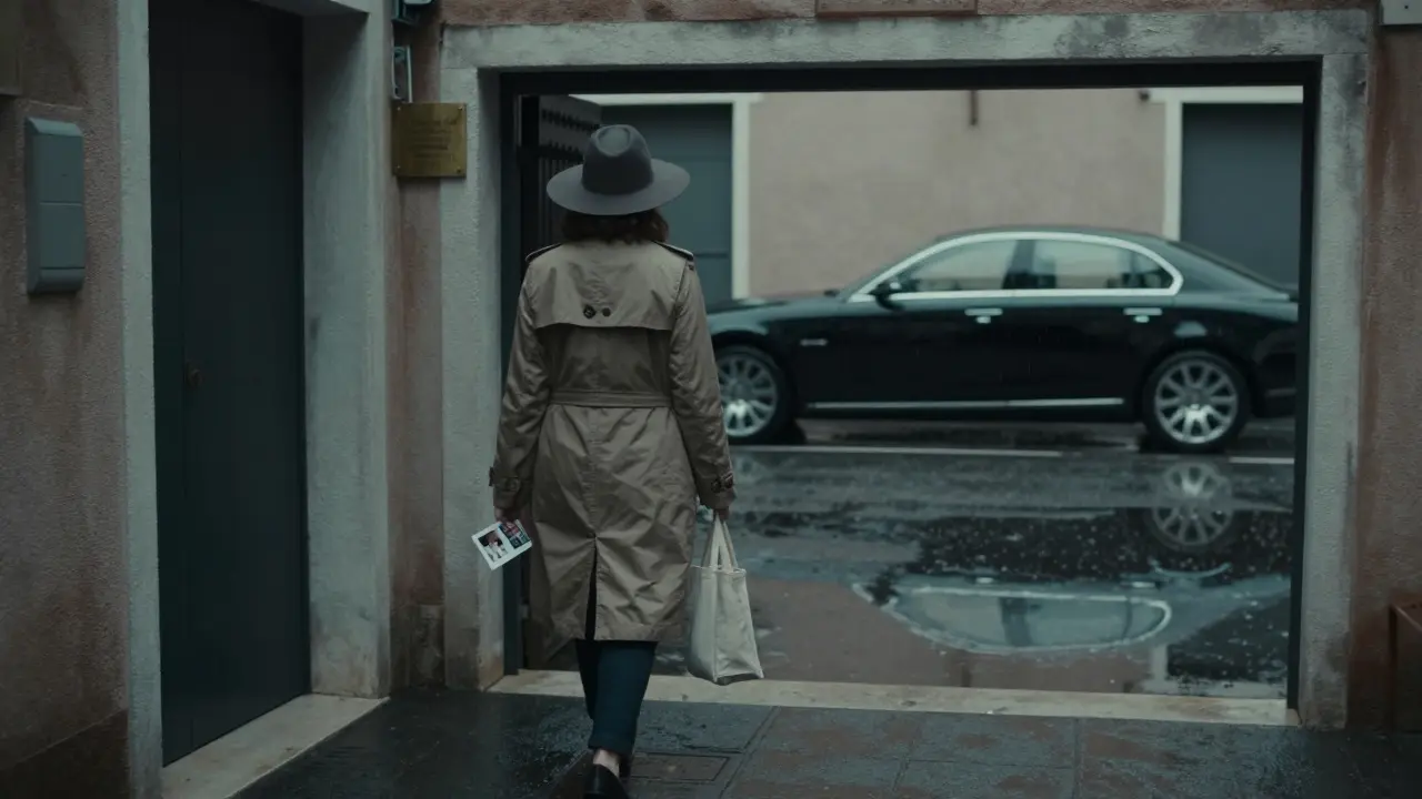 A woman walks away from a discreet entrance in Navigli at dawn, a luxury car reflected in a rain puddle behind her.