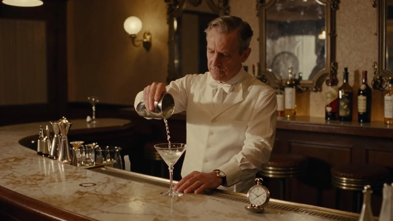 Aged bartender shaking a martini at Bar Americain, warm light on marble counter, vintage decor, quiet midnight atmosphere.