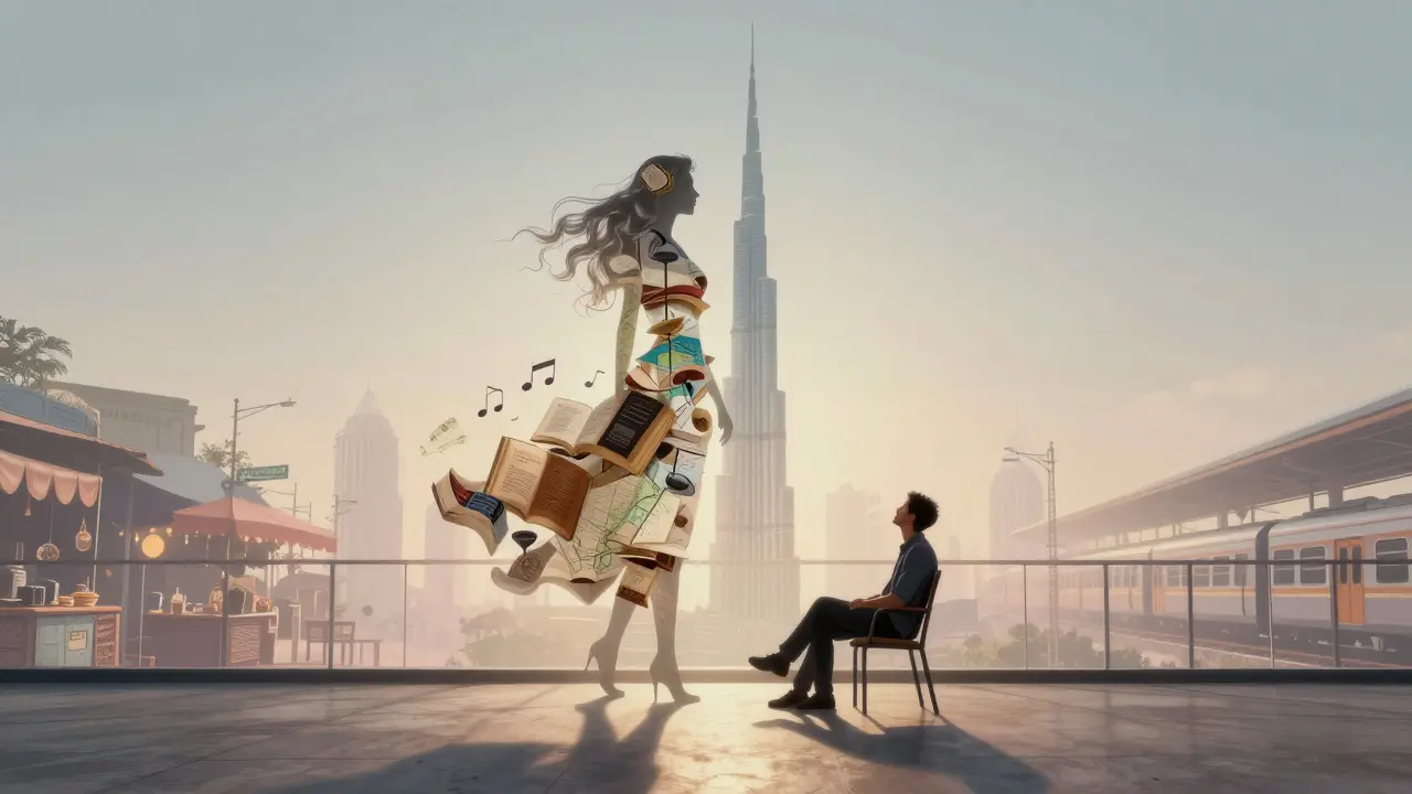 An abstract silhouette of a woman made of books and maps stands beside the Burj Khalifa, representing hidden stories behind a person's role.