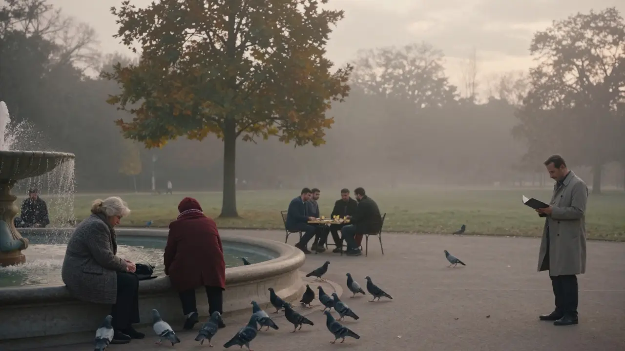 An empty park at dawn with elderly women feeding pigeons and someone reading poetry under a broken fountain.