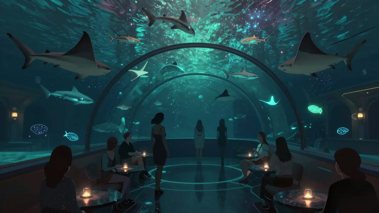 An underwater nightclub where guests stand surrounded by swimming sharks and glowing marine life in a glass-walled tunnel.