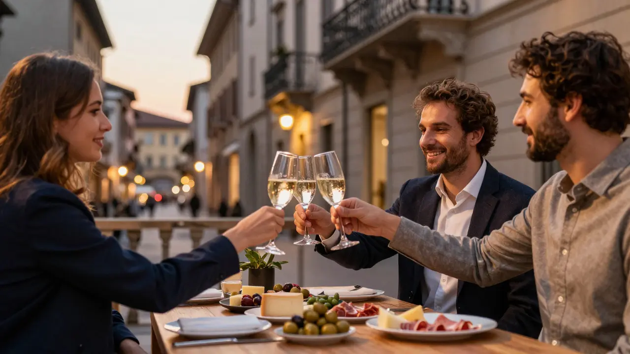 Aperitivo gathering in Brera with food, drinks, and golden evening light.