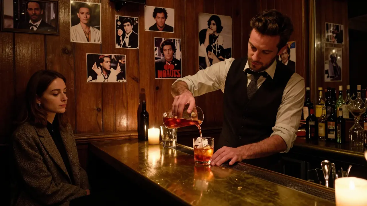 Bar Basso bartender pouring a classic Negroni Sbagliato under soft candlelight.