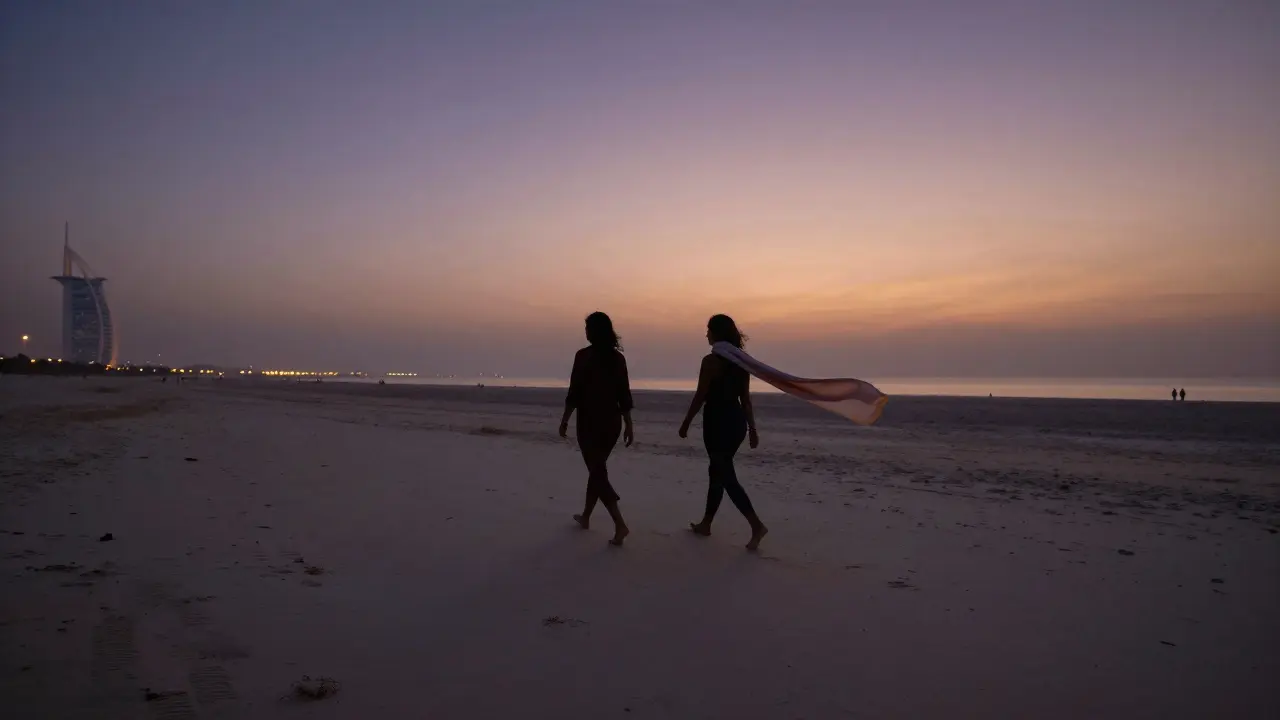 Barefoot figures walking on a twilight beach in Abu Dhabi, shadows long on sand, distant palace lights glimmering like stars.