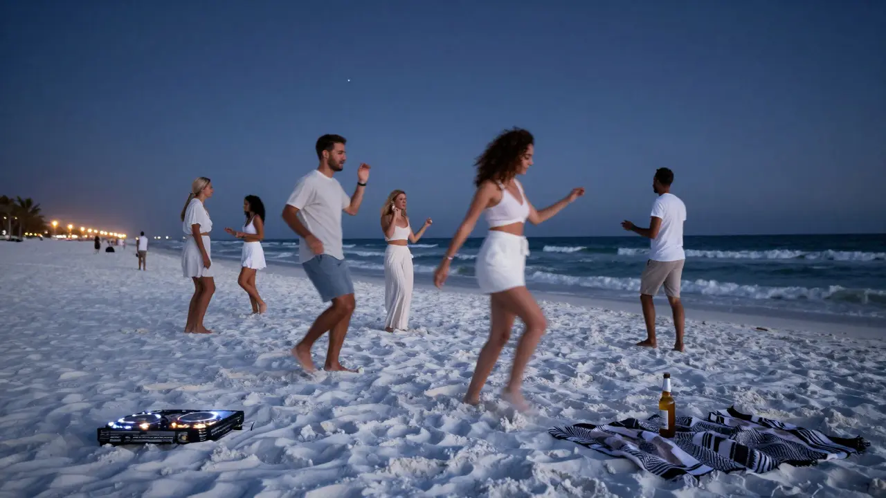 Barefoot guests dancing on a quiet beach at White Beach nightclub under starlight, ocean waves in the background.