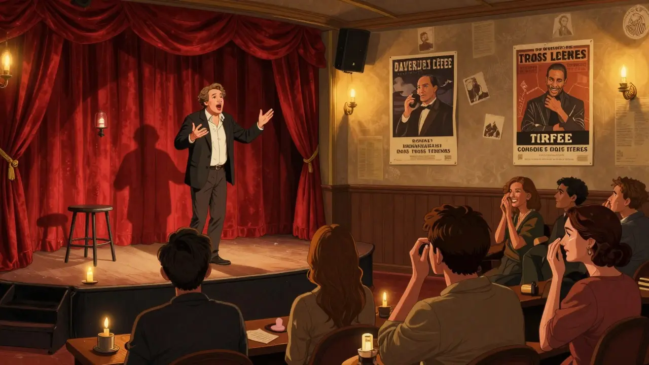 Candlelit theater with a French comedian on stage, audience emotionally engaged in a heartfelt joke.