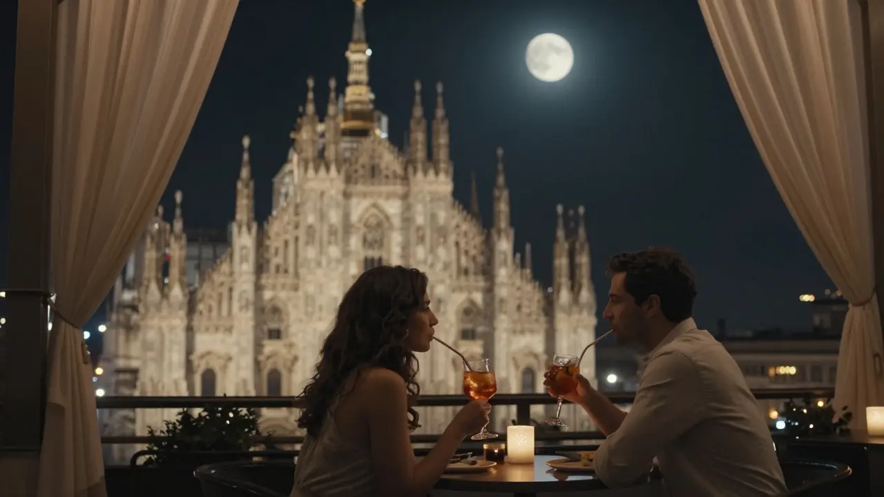 Couple sipping cocktails on a quiet rooftop overlooking Milan's Duomo at night.