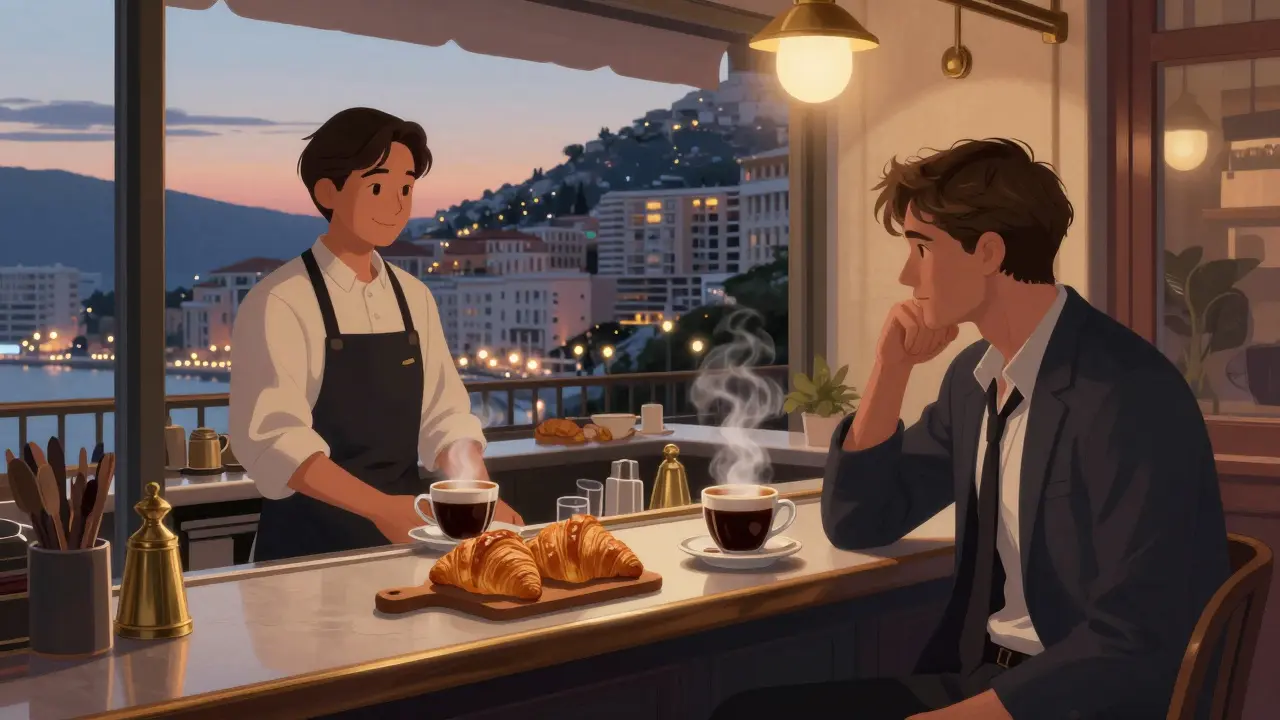 Cozy 24-hour brasserie at dawn with coffee and croissants, a lone guest in evening wear sitting quietly at the counter.