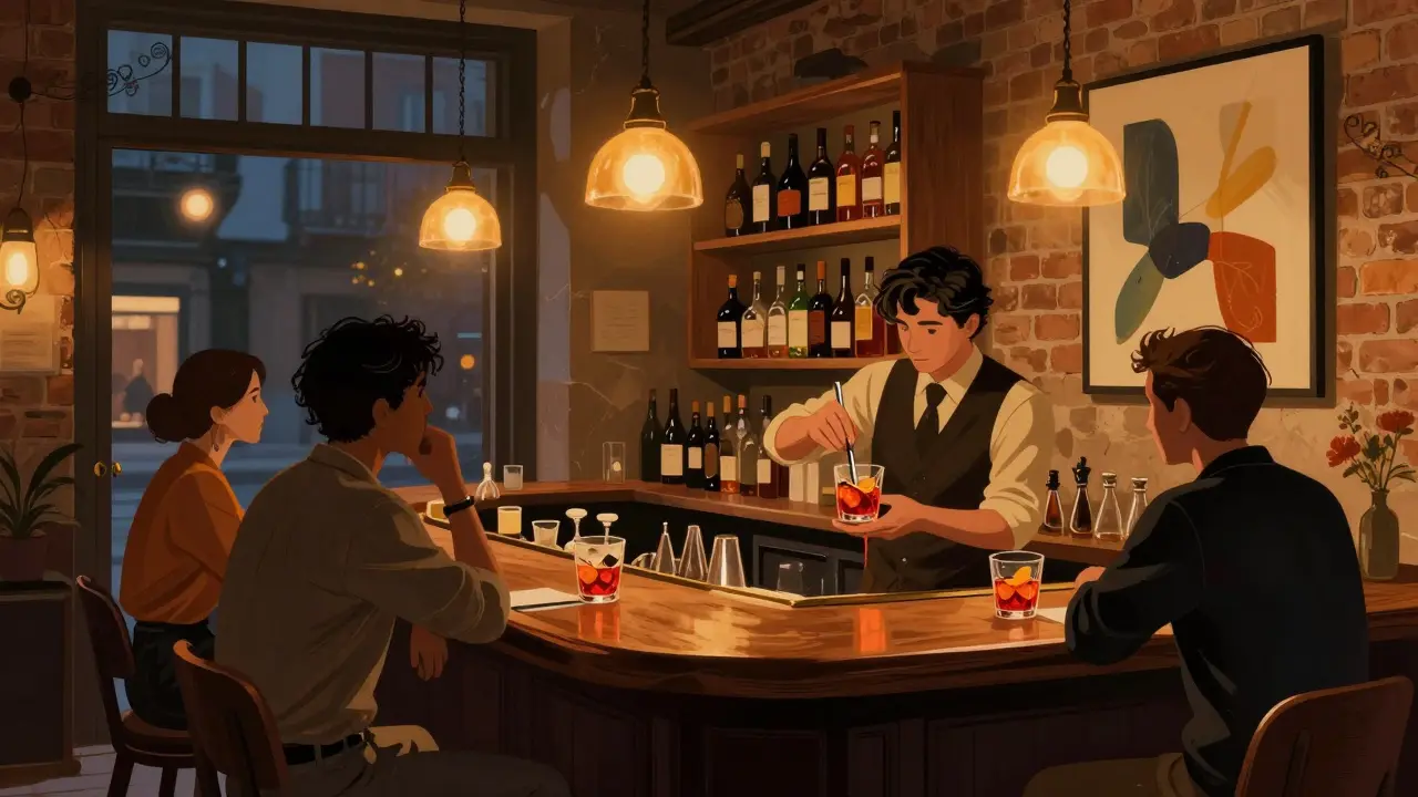 Cozy Brera bar with warm lighting, a bartender mixing a Negroni, and patrons in quiet conversation.