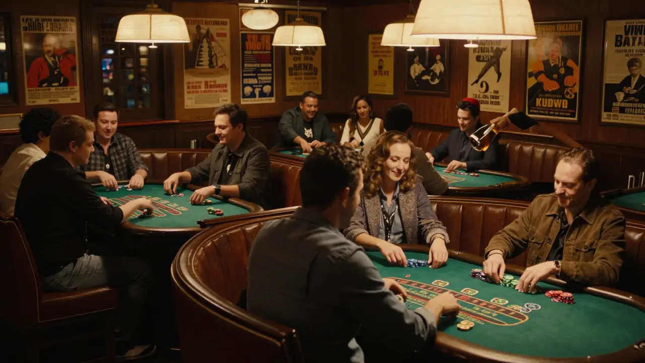 Cozy hidden Soho casino with blackjack tables and warm lighting, resembling a quiet pub.