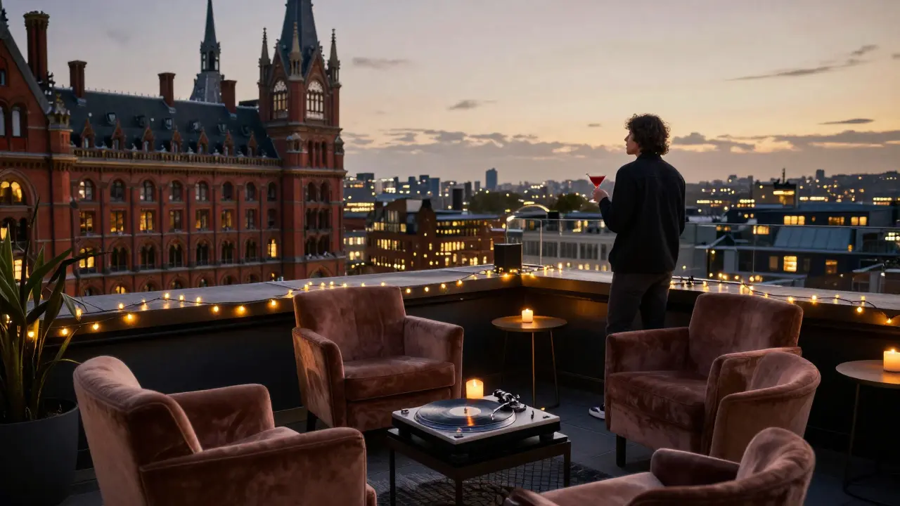 Cozy rooftop with string lights and vintage turntable, quiet city lights in the background.
