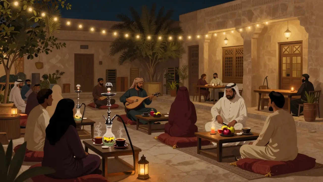 Cozy shisha lounge in Al Bateen at night with string lights, oud music, and locals relaxing on cushions with hookahs and coffee.