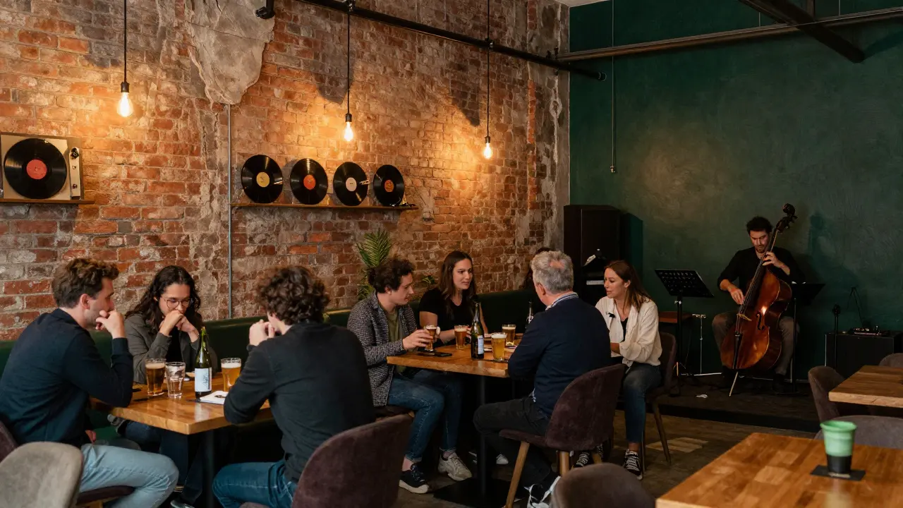 Cozy warehouse lounge with jazz band playing, locals drinking craft beer under warm lights.