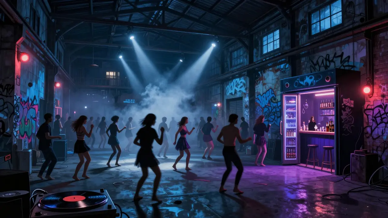Crowd dancing in an industrial warehouse club with strobe lights and hidden bar entrance.