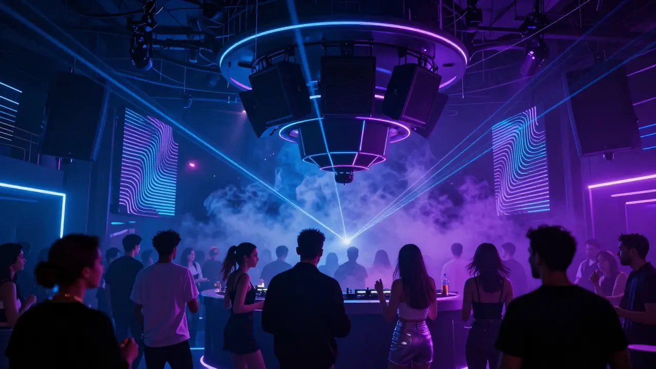 Crowd dancing in the neon-lit interior of White Dubai nightclub with pulsating light effects.