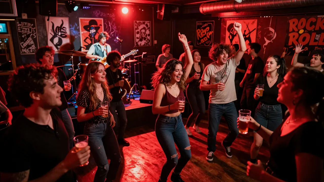Crowded Rock &amp; Roll Café with live band and dancing crowd under red lights, casual and energetic atmosphere.
