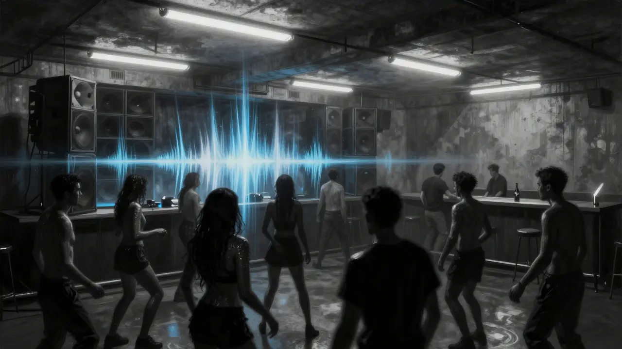 Dancers moving as one in Concrete nightclub's industrial underground space under stark lights.