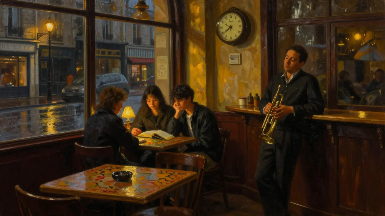 Dim Parisian café at 2 a.m. with jazz musician, students, and ticking clock.