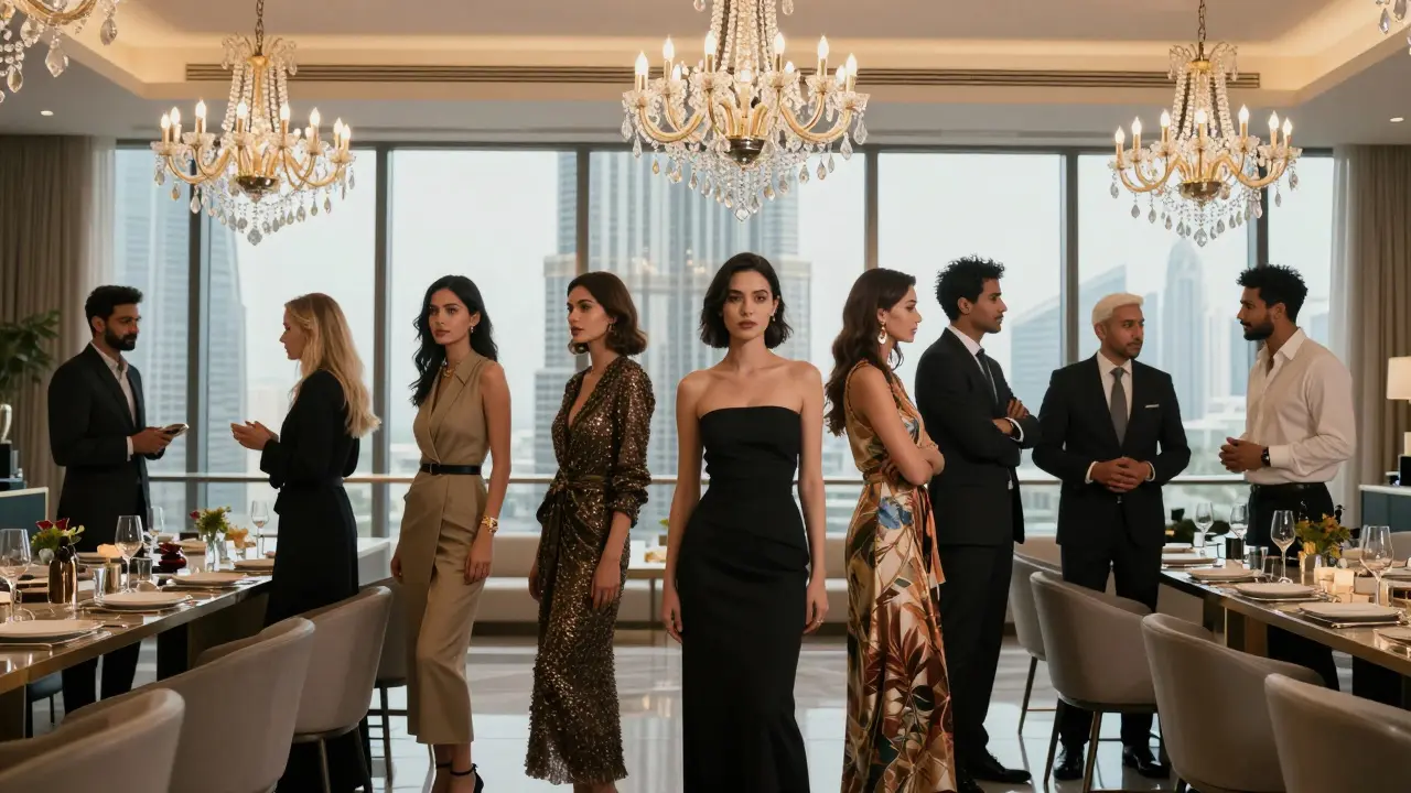 Diverse companions blending into the background of a formal business dinner in Dubai.