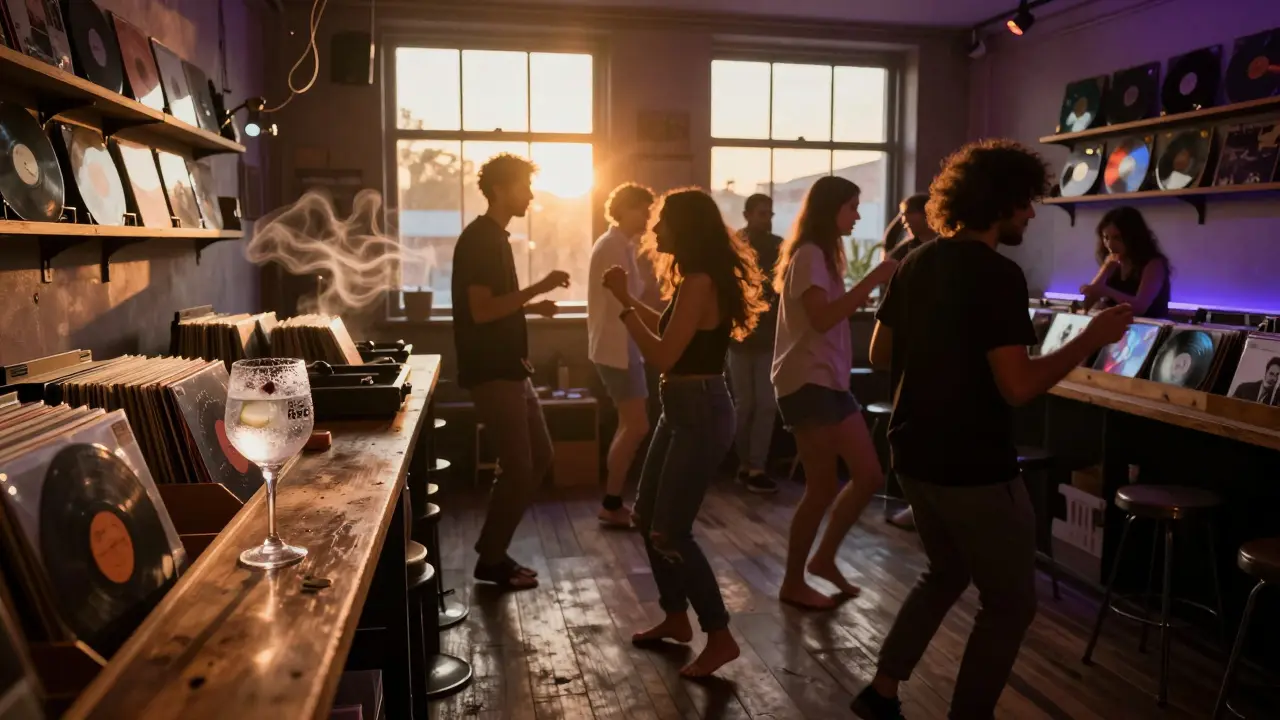 Early morning dance party in a record shop as sunrise streams through the windows.