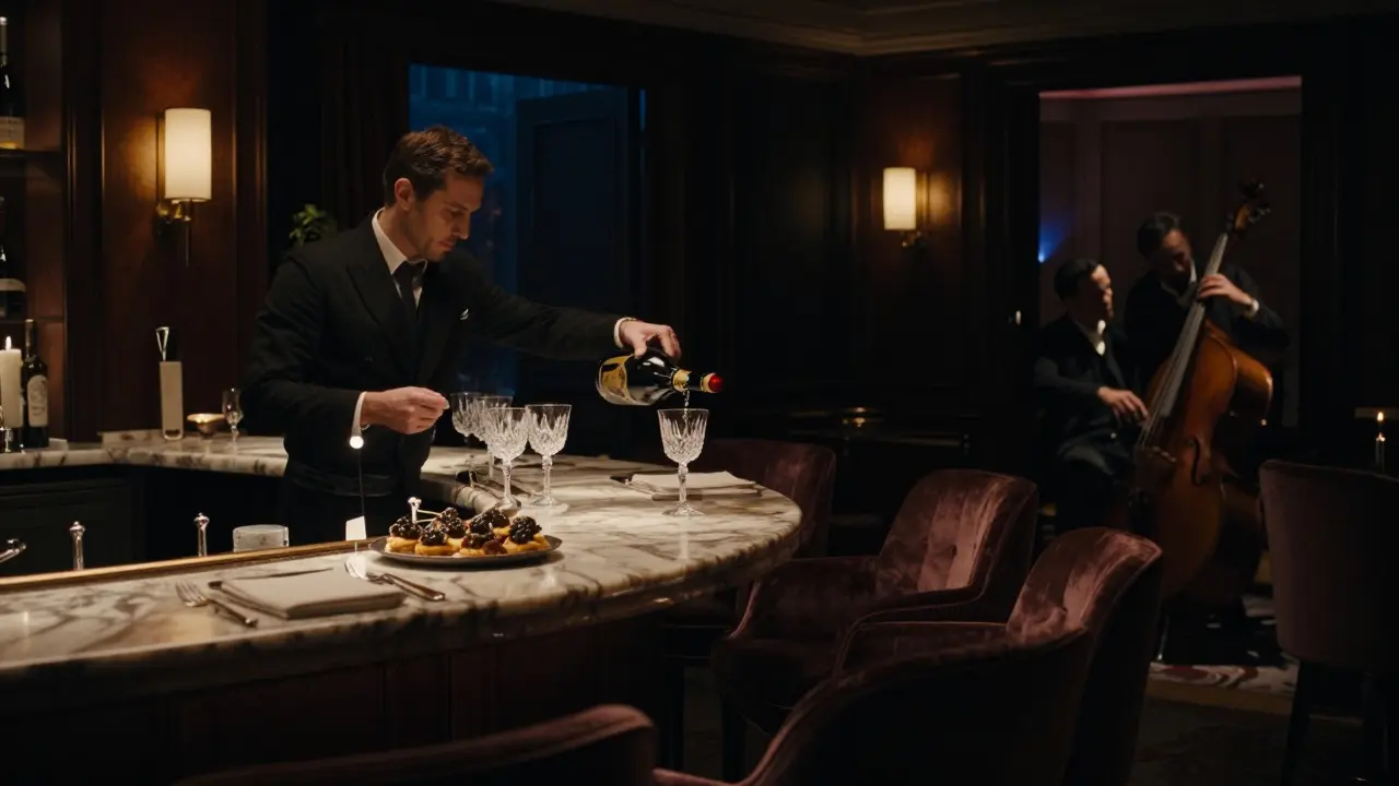 Exclusive private lounge with sommelier pouring champagne, lit by warm amber light, surrounded by silence and velvet chairs.