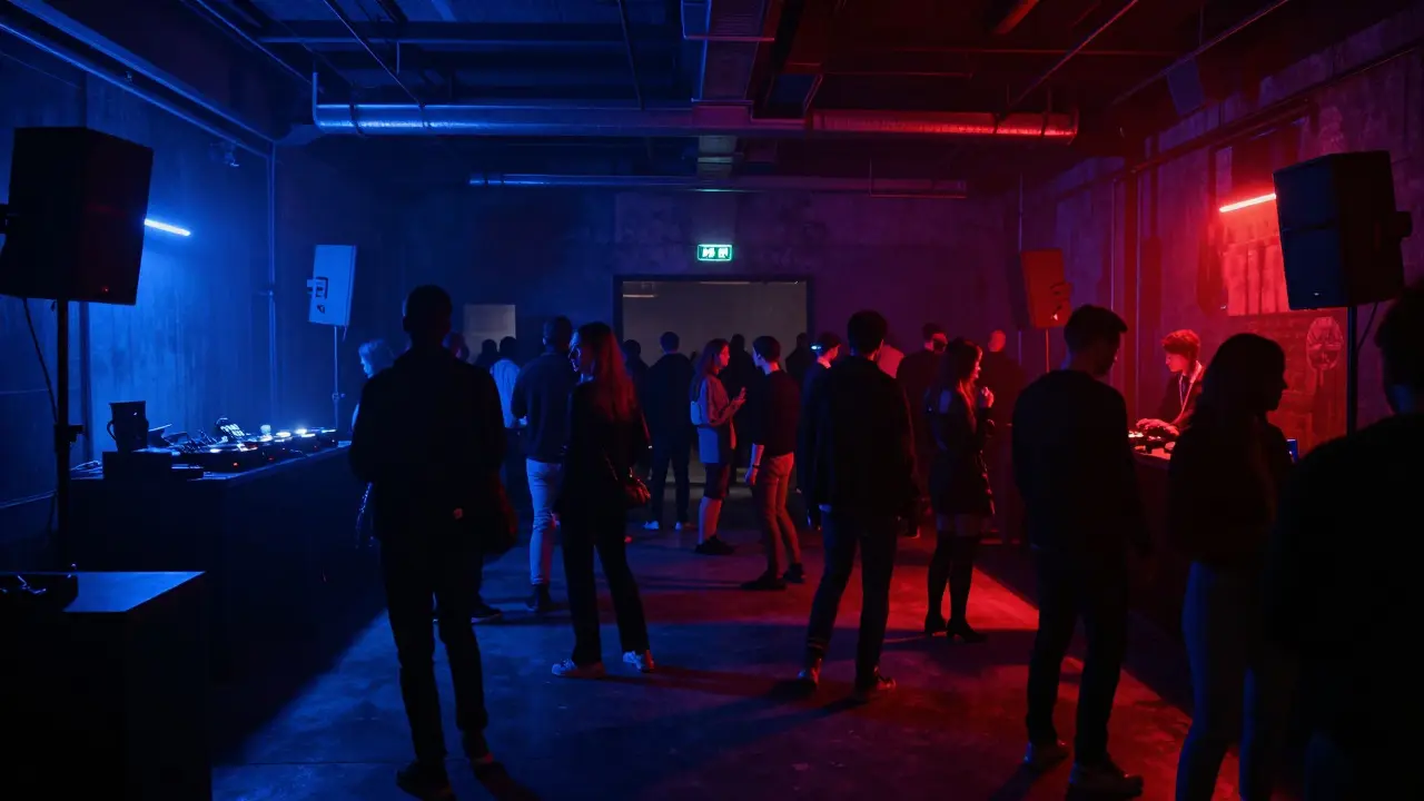 Fabrique nightclub interior with deep lighting and crowd dancing to underground techno in a converted factory.