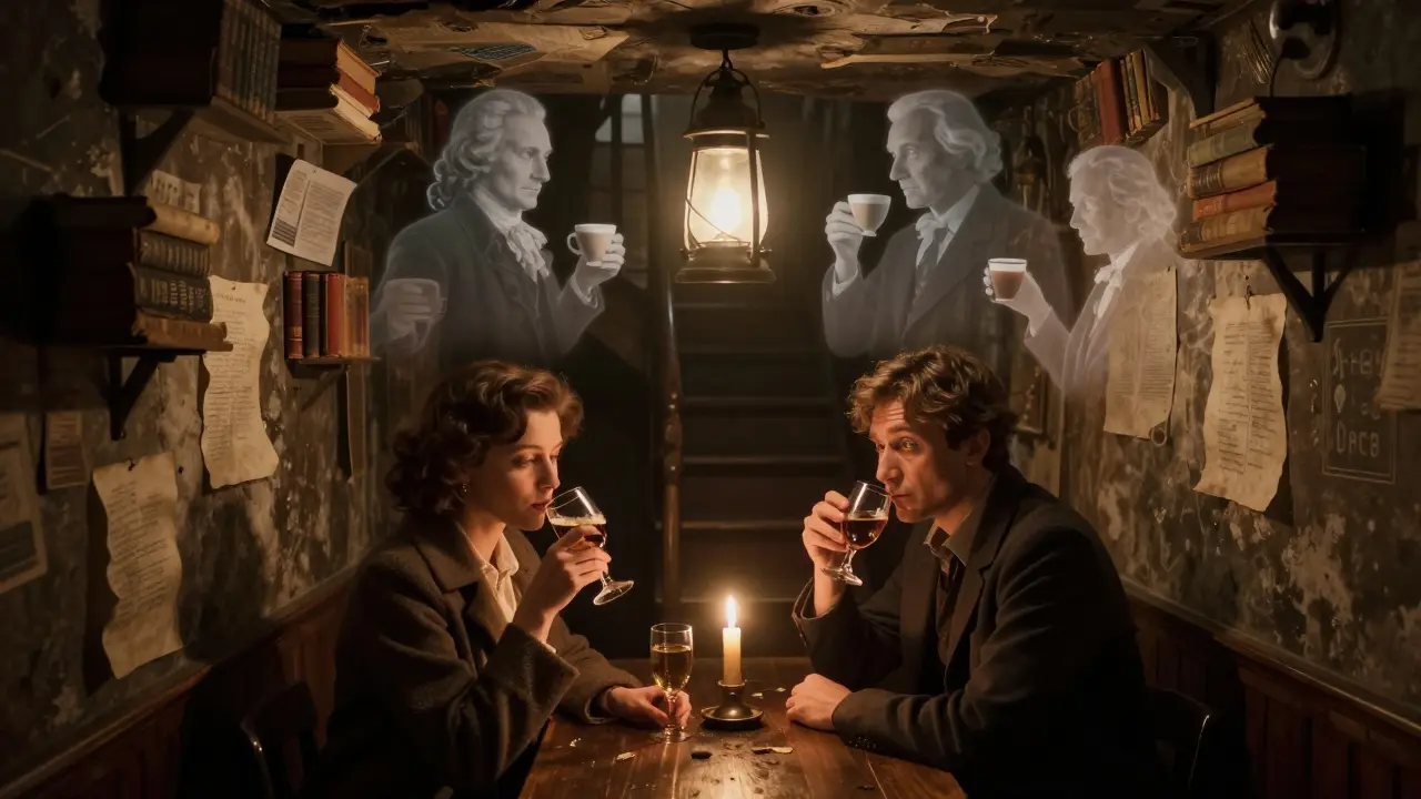 Hidden basement bar with floating literary ghosts and vintage patrons in candlelight.