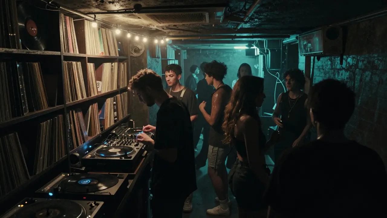 Hidden basement club behind a bookshelf, people dancing to pulsing music under fairy lights.