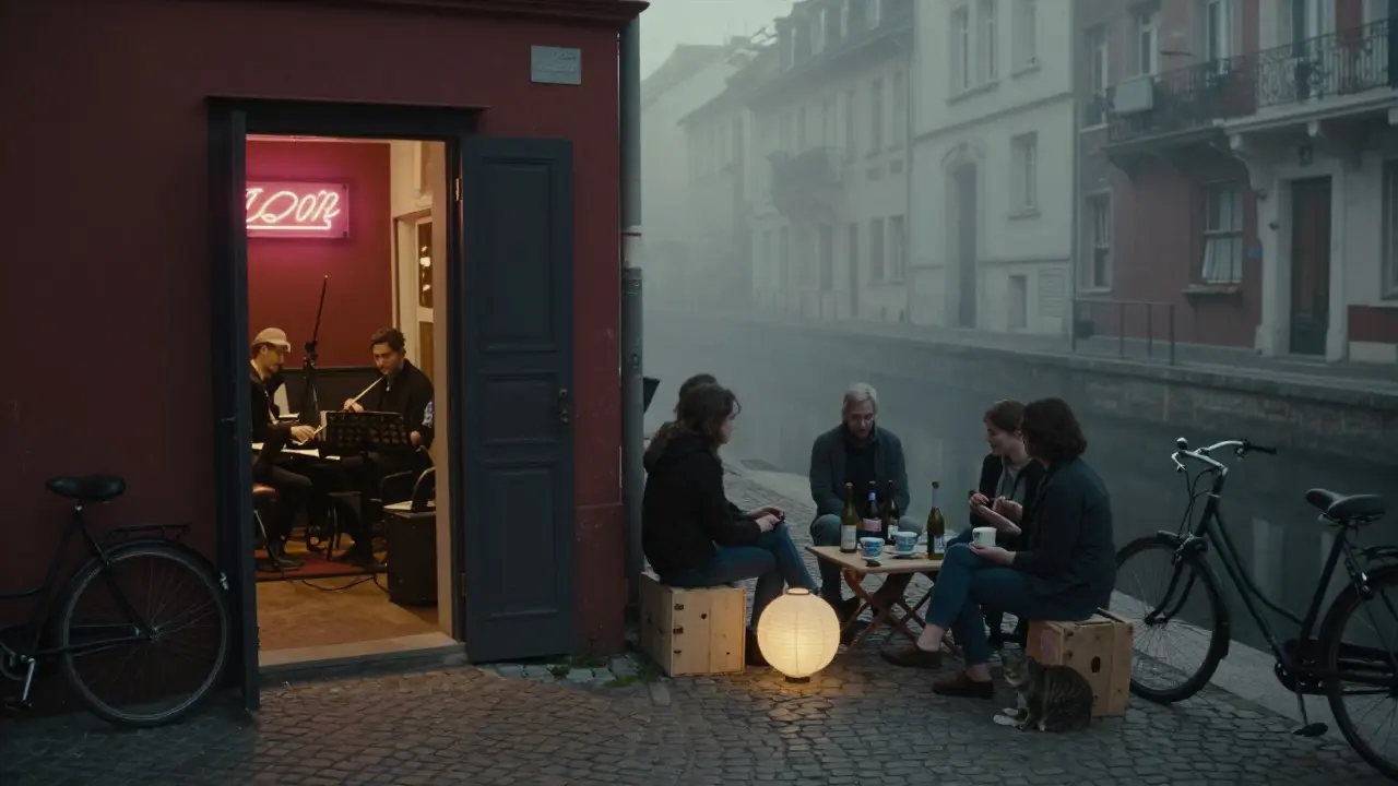Hidden jazz trio playing in a canal alley at 3 a.m., locals seated on crates with wine bottles nearby.