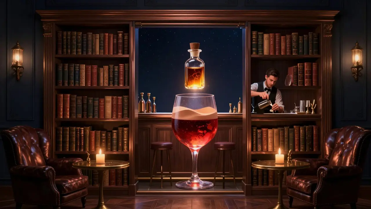 Hidden speakeasy bar with candlelight, bookshelf entrance, and mystical cocktail glowing with desert-inspired ingredients.