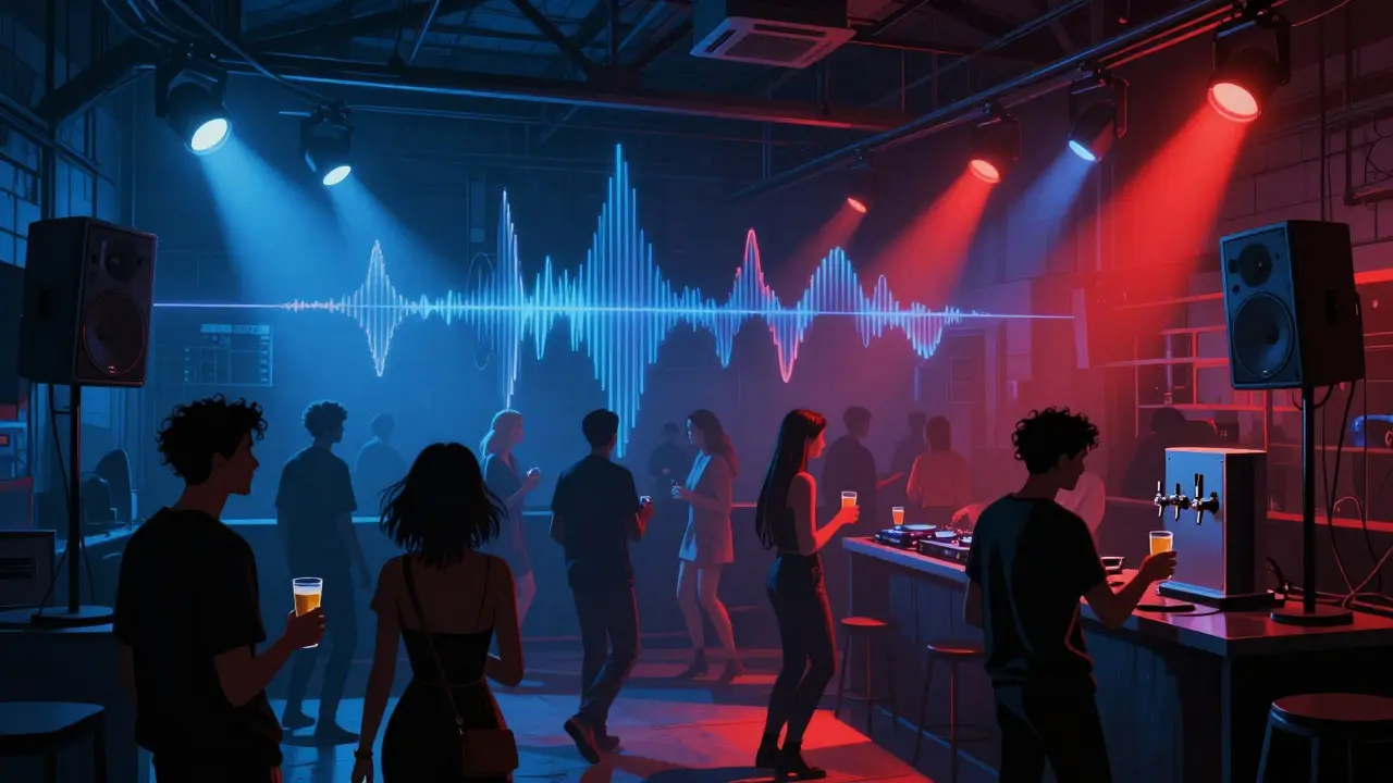 Industrial warehouse club with crowd dancing to techno under moody colored lights.