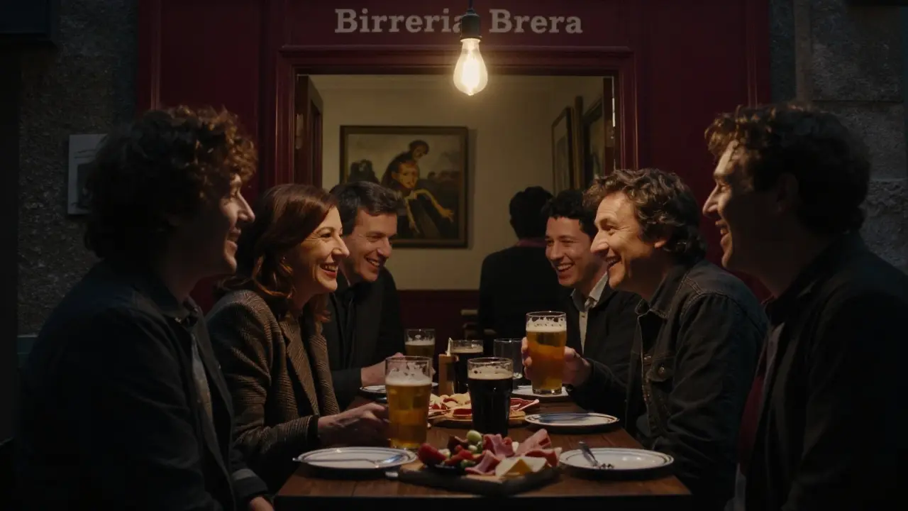 Intimate backyard bar in Brera with locals laughing over beer and charcuterie in warm dim light.