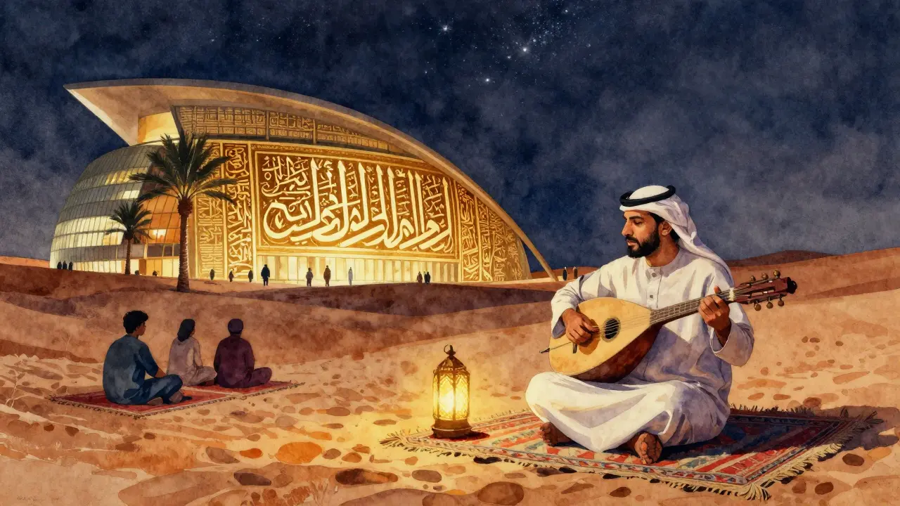 Live oud performance under stars at Al Dhiyafah, surrounded by lanterns and traditional rugs.