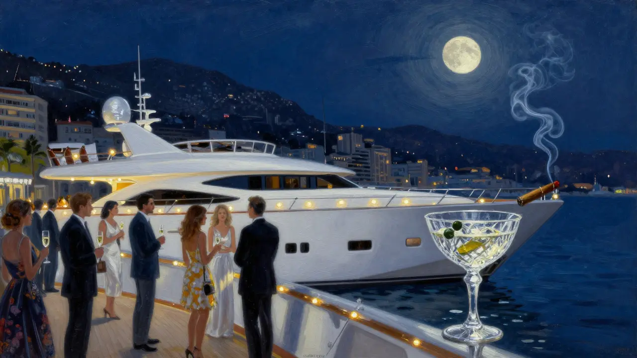 Luxury superyacht at night with guests on deck, champagne flutes, moonlight on wine, Monaco skyline in the distance.