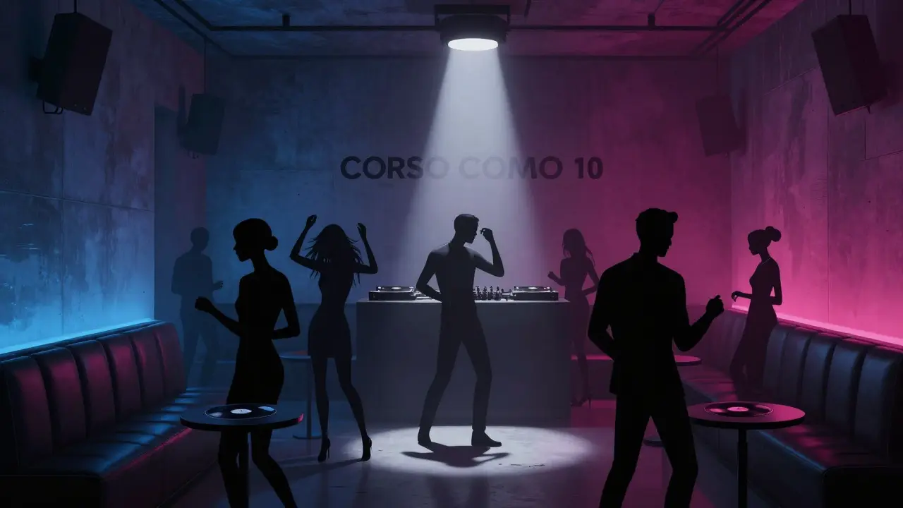 Minimalist nightclub interior with DJ spinning vinyl and stylish crowd.