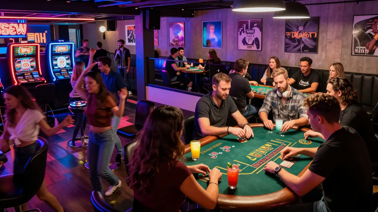 Modern casino-nightclub with dancers below and poker players above under neon lights.